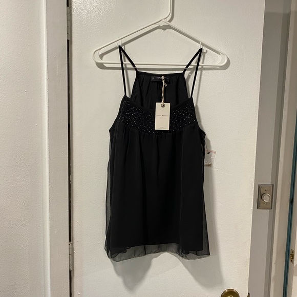 Lucky Brand smocked cami NWT black beaded tank top velvet straps Size Small - Picture 5 of 10